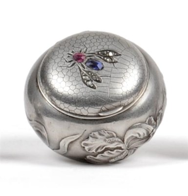 Lot 1056 - An Art Nouveau Silver Box, unmarked, circular, the hinged cover decorated with a fly, with a...