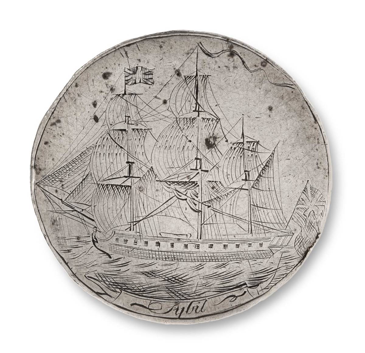Lot 1066 - A Scrimshawed Eight Reales Coin, Mexico Mint, circa 1780/90, one side engraved with an image of...