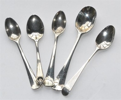 Lot 1098 - Five Unmarked 18th Century Snuff Spoons, five Hanoverian pattern and one Old English pattern,...