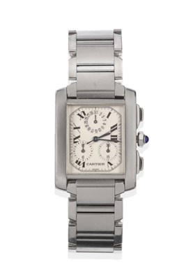Lot 1122 - A Stainless Steel Calendar Chronograph Wristwatch, signed Cartier, model: Tank Francaise, circa...