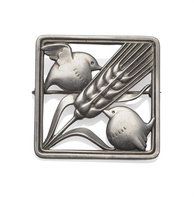 Lot 1124 - A Silver Brooch, by Georg Jensen, depicting two birds pecking at wheat, within a square frame,...