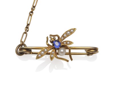 Lot 1132 - A Bug Brooch, circa 1900, set with a sapphire and seed pearls, length 3.6cm, cased