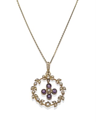 Lot 1135 - An Amethyst and Seed Pearl Pendant on Chain, the pendant of floral style with incorporated bow...