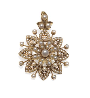 Lot 1137 - A Late 19th Century Cultured Pearl and Seed Pearl Floral Motif Pendant, decorated with varying...