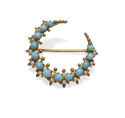 Lot 1140 - A Turquoise and Seed Pearl Crescent Brooch, graduated cabochon turquoise set with seed pearls, with