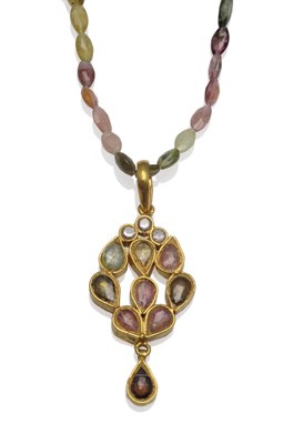 Lot 1170 - A Tourmaline Pendant on Necklace, the drop pendant of varied colour tourmalines on a multi-coloured