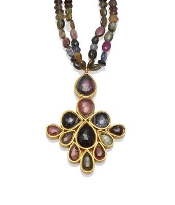 Lot 1171 - A Tourmaline and Quartz Necklace, a drop pendant on a bead necklace, pendant measures 3.7cm by...