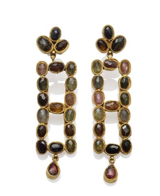 Lot 1184 - A Pair of Tourmaline Earrings, the long oblong shaped drops inset with tourmalines of different...