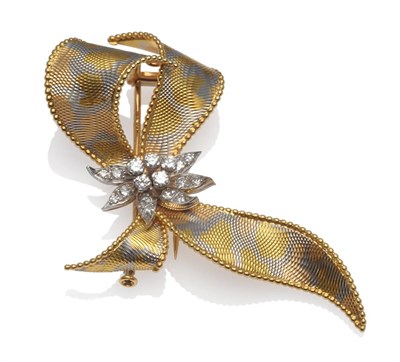 Lot 1195 - A Diamond Bow Brooch, the undulating bow of yellow, rose and white textured form, with a...