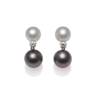 Lot 1218 - A Pair of 18 Carat White Gold Cultured Pearl and Diamond Earrings, by Mikimoto, a white...