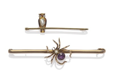 Lot 1237 - Two Early 20th Century Bar Brooches, the first a plain yellow bar, an enamelled owl with a...