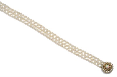 Lot 1241 - An Opal, Diamond and Cultured Pearl Choker, cultured pearls strung in an decorative design, to...