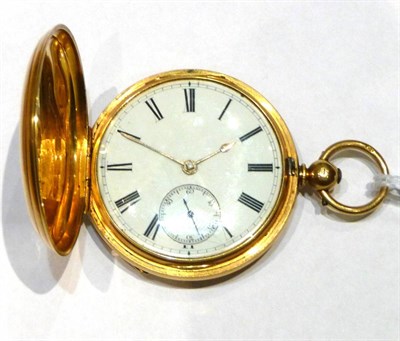 Lot 1253 - An 18ct Gold Full Hunter Pocket Watch, 1879, lever movement with dust cover, enamel dial with Roman