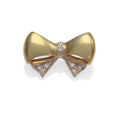Lot 2010 - An 18 Carat Gold Diamond Set Bow Brooch, the yellow polished loops with round brilliant cut...