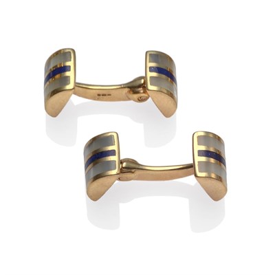 Lot 2012 - A Pair of 9 Carat Gold Cufflinks, on curved bars, one of the heads hinged, each terminal inlaid...