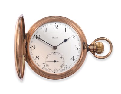 Lot 2019 - A 9ct Gold Full Hunter Keyless Pocket Watch, signed Rone, 1924, lever movement, enamel dial...