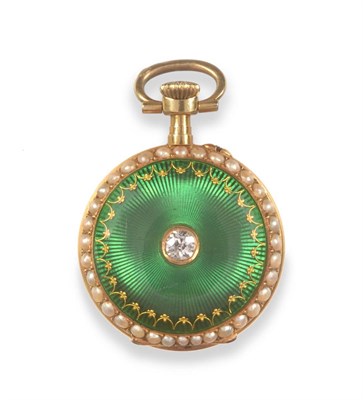 Lot 2026 - A Lady's Enamel Diamond and Pearl Set Fob Watch, circa 1900, cylinder movement, wolf tooth winding