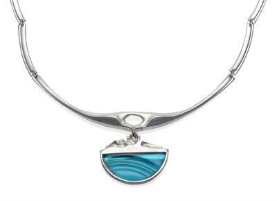 Lot 2036 - A Silver Necklace, by Lapponia, with a turquoise swirling glass pendant, on curved links,...