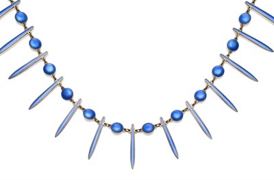 Lot 2037 - A Blue Enamelled Necklace, by David Andersen, round discs alternate with spikes, enamelled in...