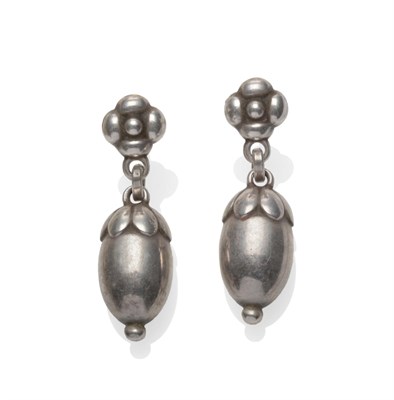 Lot 2044 - A Pair of Silver Earrings, by Georg Jensen, a floral stud suspends an acorn style motif,...
