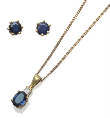 Lot 2064 - A Sapphire and Diamond Pendant on Chain, the pendant comprising a princess cut diamond over an oval