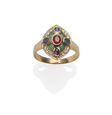 Lot 2065 - A Multi Gemstone Ring, the marquise shape comprised of an oval cut ruby centrally, with four...
