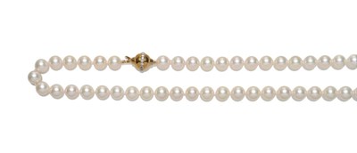 Lot 2069 - A Cultured Pearl Necklace, the uniform cultured pearls knotted to a yellow spherical clasp,...