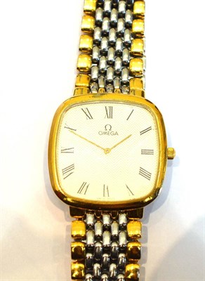 Lot 2070 - A Bi-Metal Wristwatch, signed Omega, model: DeVille, circa 1990, quartz movement, zig zag...
