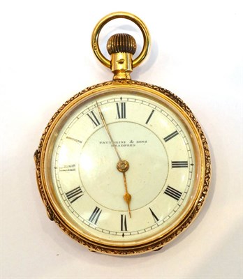 Lot 2104 - An 18ct Gold Fob Watch, signed Fattorini & Sons, Bradford, 1906, lever movement, enamel dial...