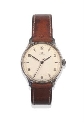 Lot 2117 - A Stainless Steel Centre Seconds Wristwatch, signed Omega, circa 1946, lever movement numbered...
