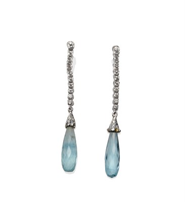 Lot 2126 - A Pair of 18 Carat White Gold Aquamarine and Diamond Drop Earrings, a row of round brilliant...