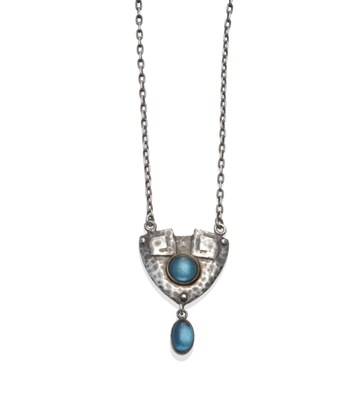 Lot 2128 - An Arts and Crafts Necklace, a hammered pendant of triangular form, with a round blue cabochon...