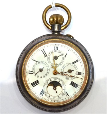 Lot 2140 - A Gun Metal Triple Calendar Moonphase Pocket Watch, circa 1900, cylinder movement, enamel dial with