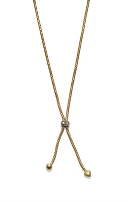 Lot 2143 - A Fancy Link Necklace, gathered to a diamond set barrel, with a polished bead suspended from...