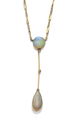 Lot 2162 - An Opal Drop Pendant, a round cabochon opal suspends a knife edge bar, with a seed pearl collet set