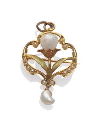 Lot 2164 - An Art Nouveau Enamel and Pearl Brooch/Pendant, possibly French, in a floral motif, inset with seed