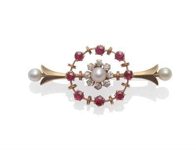 Lot 2165 - A Pearl, Diamond and Ruby Brooch, a pearl within a border of single-cut diamonds to an outer...