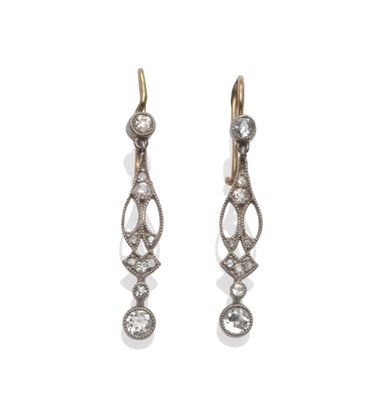 Lot 2168 - A Pair of Early 20th Century Diamond Drop Earrings, old cut diamonds in white millegrain...