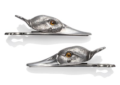Lot 2208 - A Pair of Silver Plated Novelty Paper Clips, in the form of a duck's head with glass eyes, 13cm...