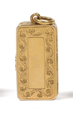 Lot 2223 - A 19th Century Gold Vesta Case, unmarked, rectangular with a suspension loop, the hinged cover,...