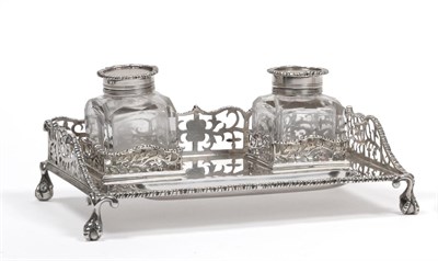 Lot 2264 - A Small Victorian Silver Inkstand, George Fox, London 1890, rectangular, the pierced border...