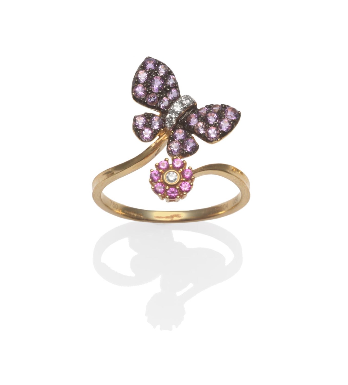 Lot 2006 - An 18 Carat Gold Diamond, Pink Sapphire and Amethyst Ring, modelled as a butterfly and flower, on a