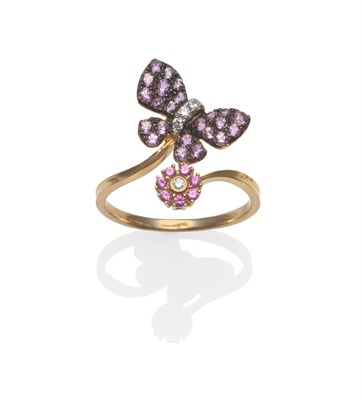 Lot 2006 - An 18 Carat Gold Diamond, Pink Sapphire and Amethyst Ring, modelled as a butterfly and flower, on a