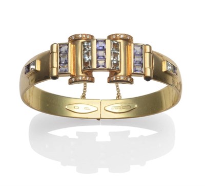 Lot 2008 - A Bangle, by Nicoletta Catellani, the hinged bangle set to the front section with square...