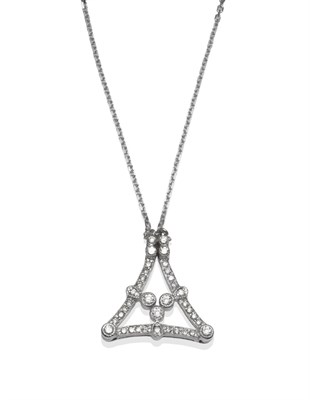 Lot 2012 - An 18 Carat White Gold Diamond Necklace, the triangular motif set with round brilliant cut diamonds