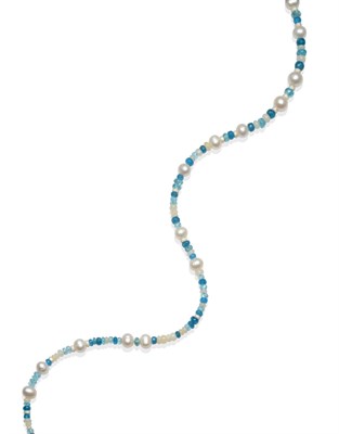 Lot 2015 - An Apatite, Ethiopian Opal, and Cultured Pearl Necklace, strung with frosted beads, to a toggle...