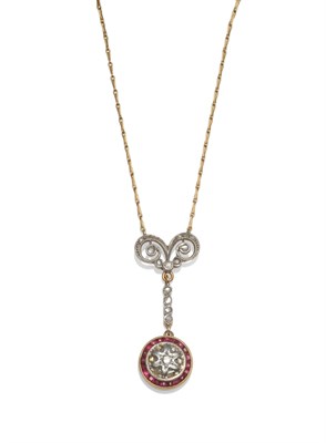 Lot 2020 - An Art Deco Style Ruby and Diamond Necklace, the drop with a diamond set double scroll suspending a