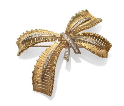 Lot 2048 - An 18 Carat Gold Diamond Set Bow Brooch, the textured yellow gold body inset with eight-cut...