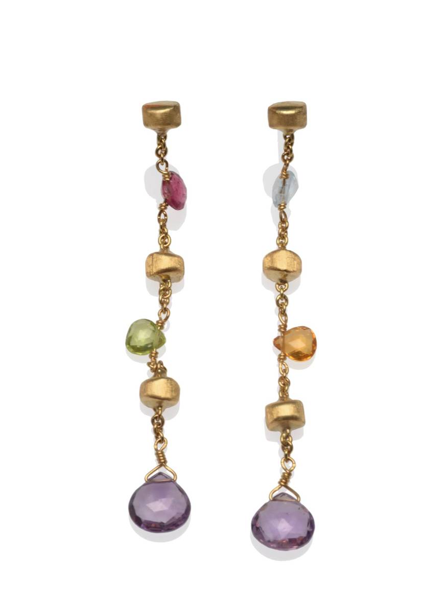 Lot 2068 - A Pair of 18 Carat Gold Gemstone Earrings, chain links set with alternating faceted gemstones...