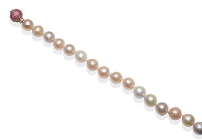 Lot 2070 - A Cultured Pearl Necklace, multi-coloured pearls in tones of silver and pink, knotted to a ruby and